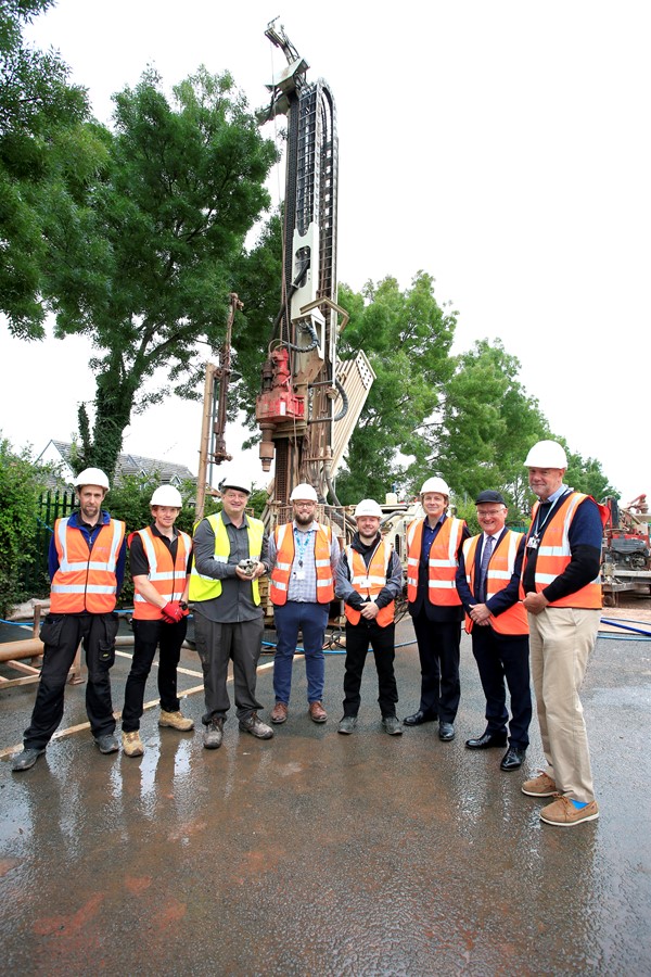 Pictured in front of the boring machine at Hereford County Hospital are, left to right: Martin McGawley (Centrica site manager), Jon Westood (Centrica project engineer), Steve Cresswell (Centrica geologist), Martin Jones (WVT estates and engineering manager), Brian Santry (Centrica project manager), Alan Dawson (WVT director of strategy and planning), Tony Orton (Centrica Head of Healthcare Business Development) and Mark Thomas (WVT project manager)